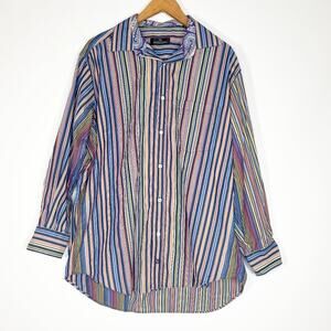 Bugatchi Uomo Blue Multi Striped Cotton Button-Down Dress Shirt